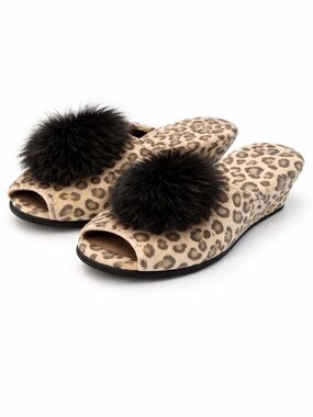 Leopard Print Open-Toe Slippers Faux Fur Pom Size 37 New